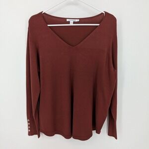 Chico's Spun Rayon Long Sleeve Button Detail V Neck Sweater Brown Women's Size L